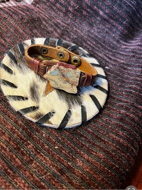 Women's Brown Leather Bracelet with Aqua Terra Natural Stone Accent
